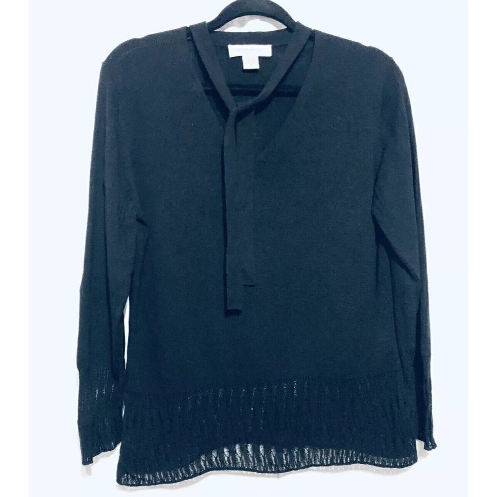 Eddie Bauer Womens Medium Tie Neck Cotton Blend Black Sweater